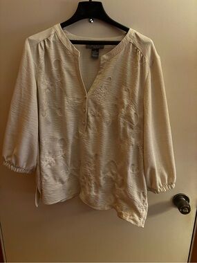 St. John's Bay Cream Embroidered V-Neck Blouse